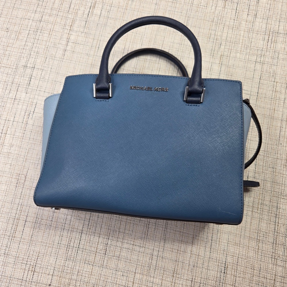 Michael Kors Blue Saffiano Leather Satchel Crossbody Bag Silver Hardware